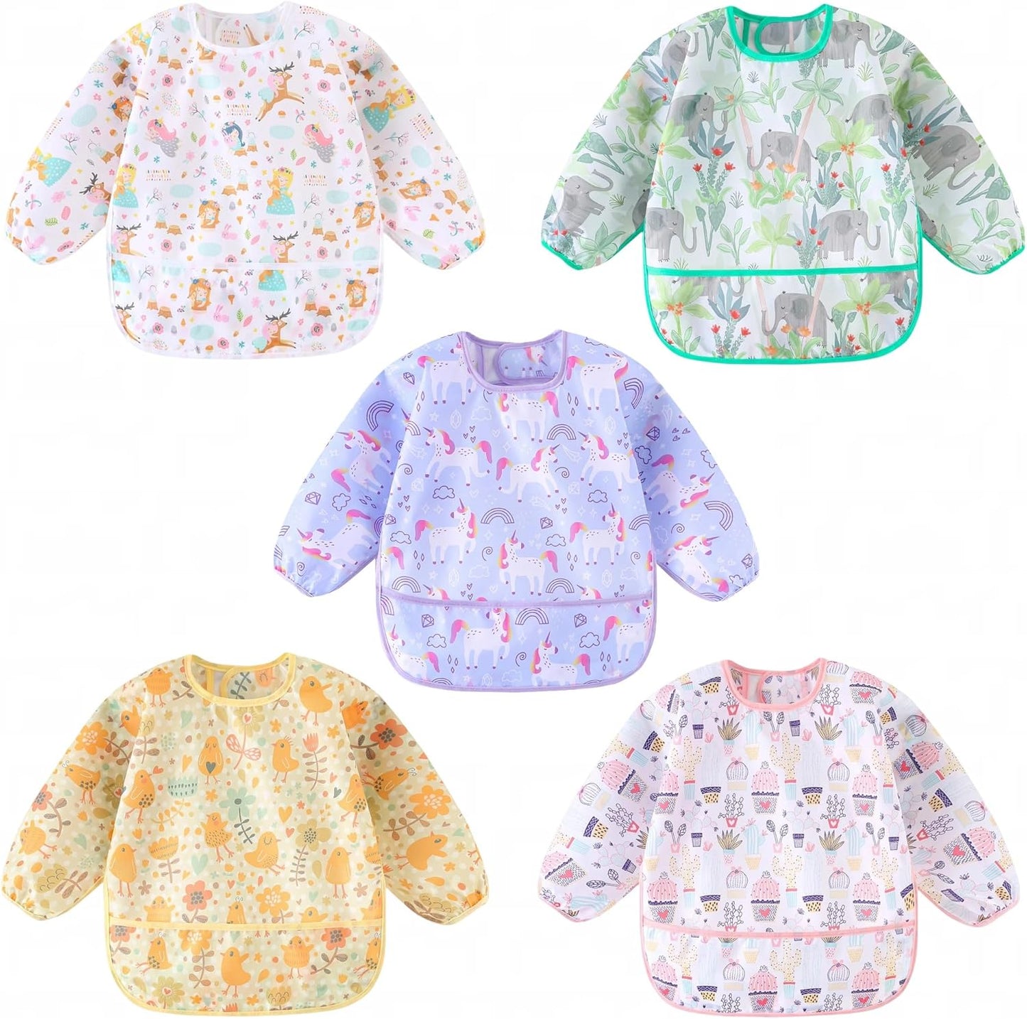 HaimoBurg long sleeved waterproof baby bibs five pack front view featuring colorful cartoon prints for toddlers.