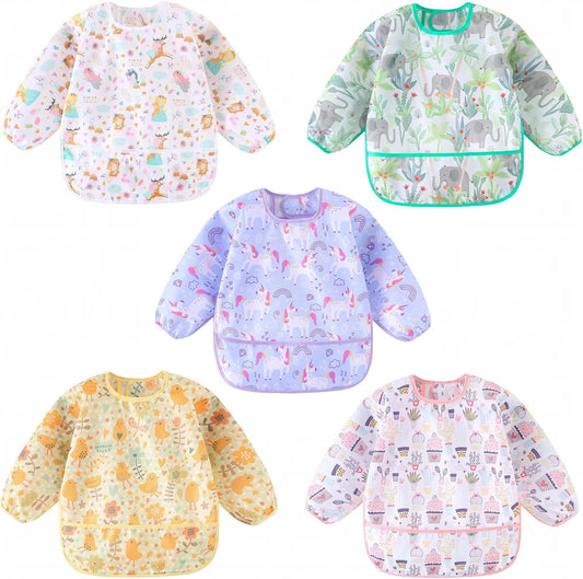 HaimoBurg long sleeved waterproof baby bibs five pack front view featuring colorful cartoon prints for toddlers.