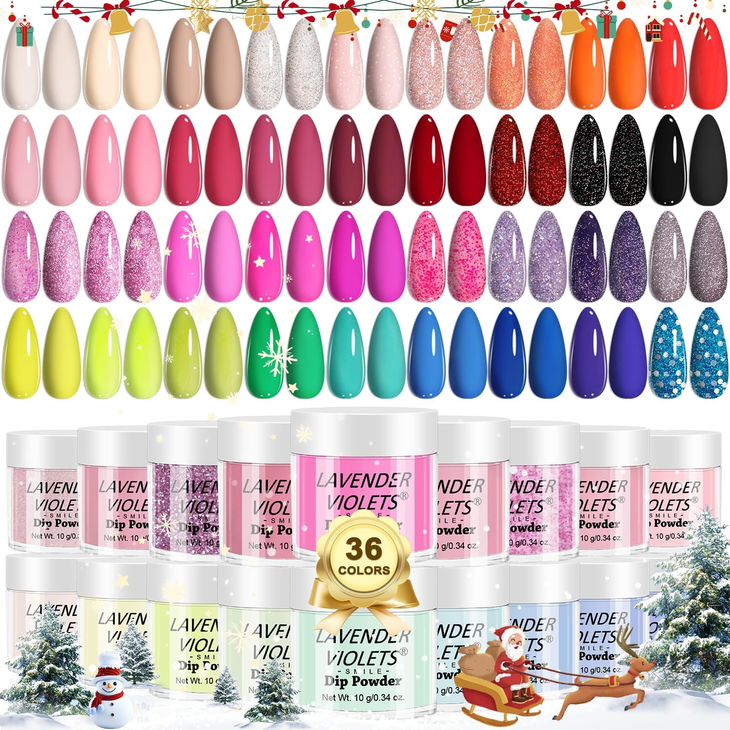 Lavender Violets 36 Colors Dip Powder Nail Kit showing an array of rainbow glitter and solid