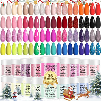 Lavender Violets 36 Colors Dip Powder Nail Kit showing an array of rainbow glitter and solid