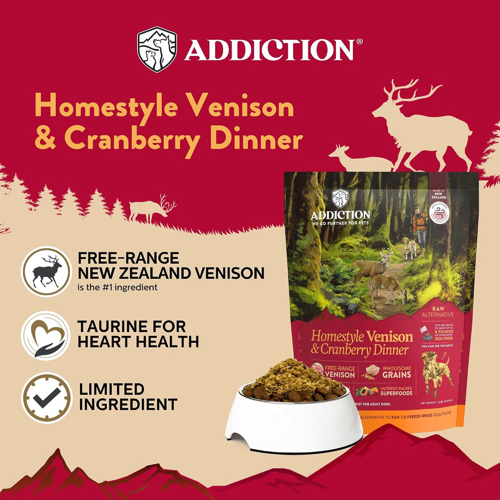 Addiction air dried grain free venison and cranberry dehydrated dog food packaging details