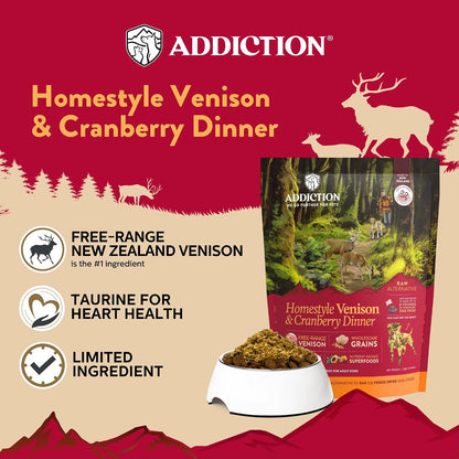 Addiction air dried grain free venison and cranberry dehydrated dog food packaging details