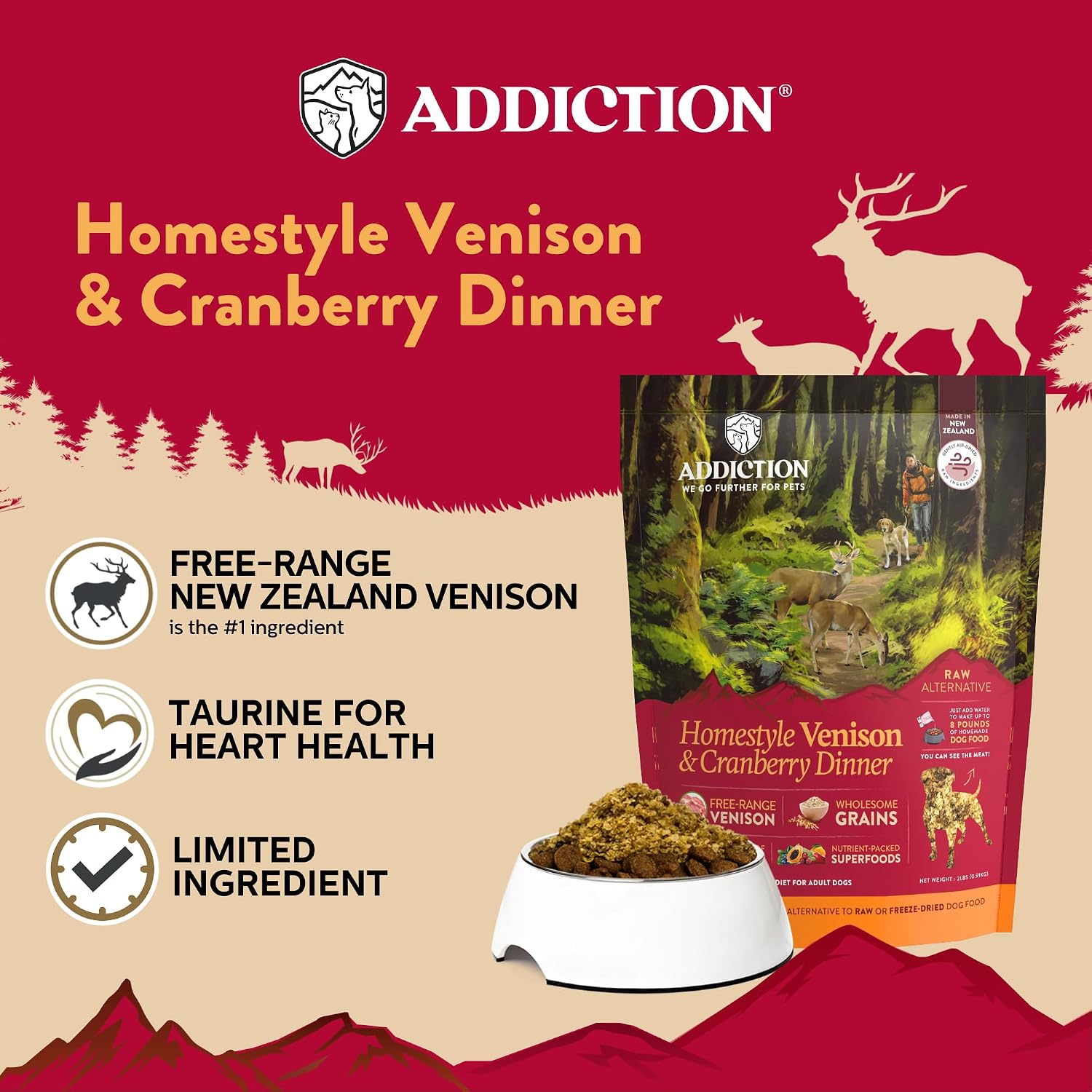 Addiction premium grain free venison and cranberry dog food topper bag