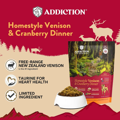Addiction premium grain free venison and cranberry dog food topper bag