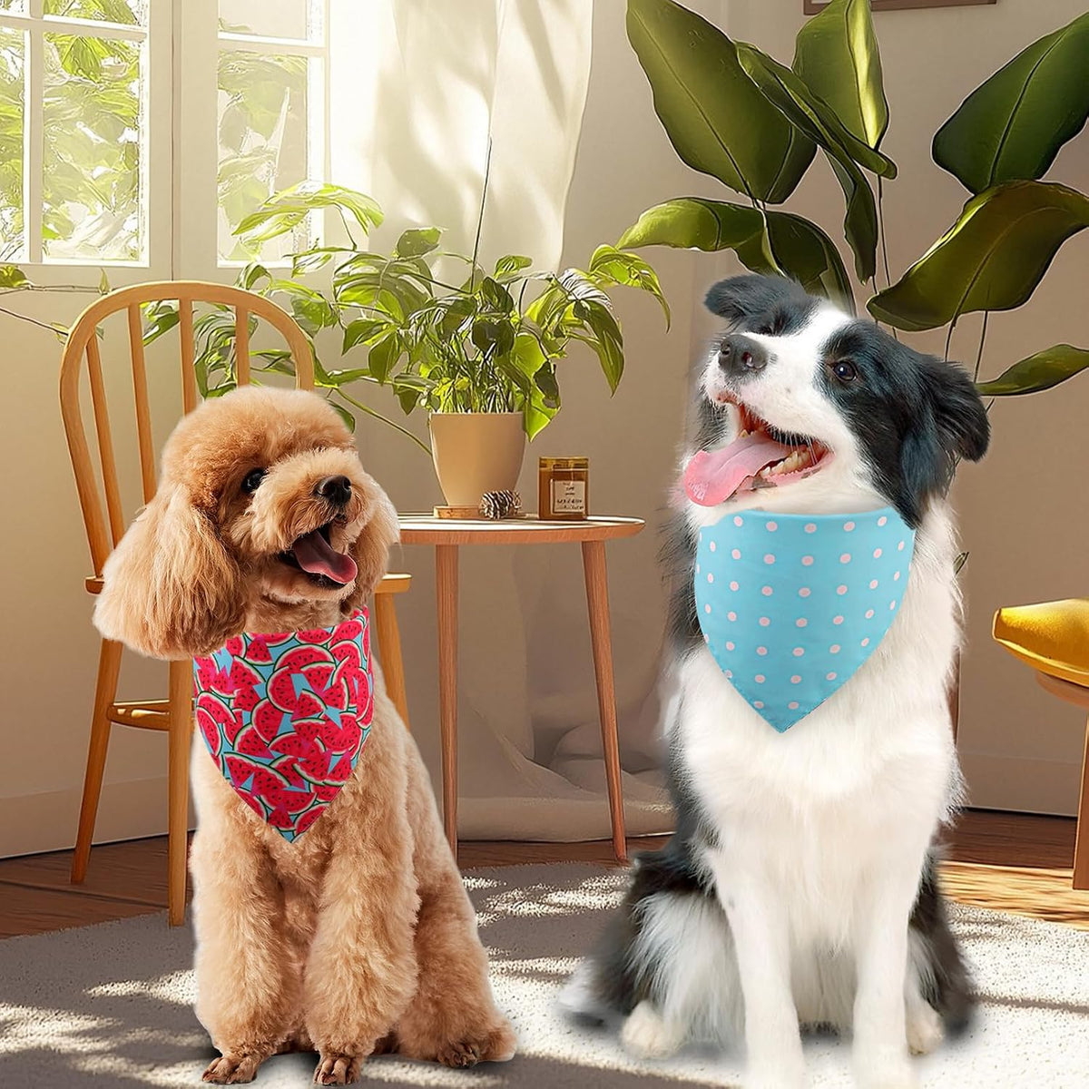 Six pattern reversible holiday pet accessories flat lay view