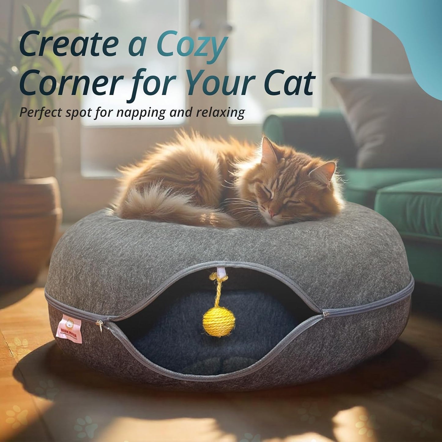 Dark grey Meow Mates cat bed in modern home setting