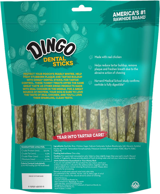 Dingo dog dental chews showing the real chicken jerky center.