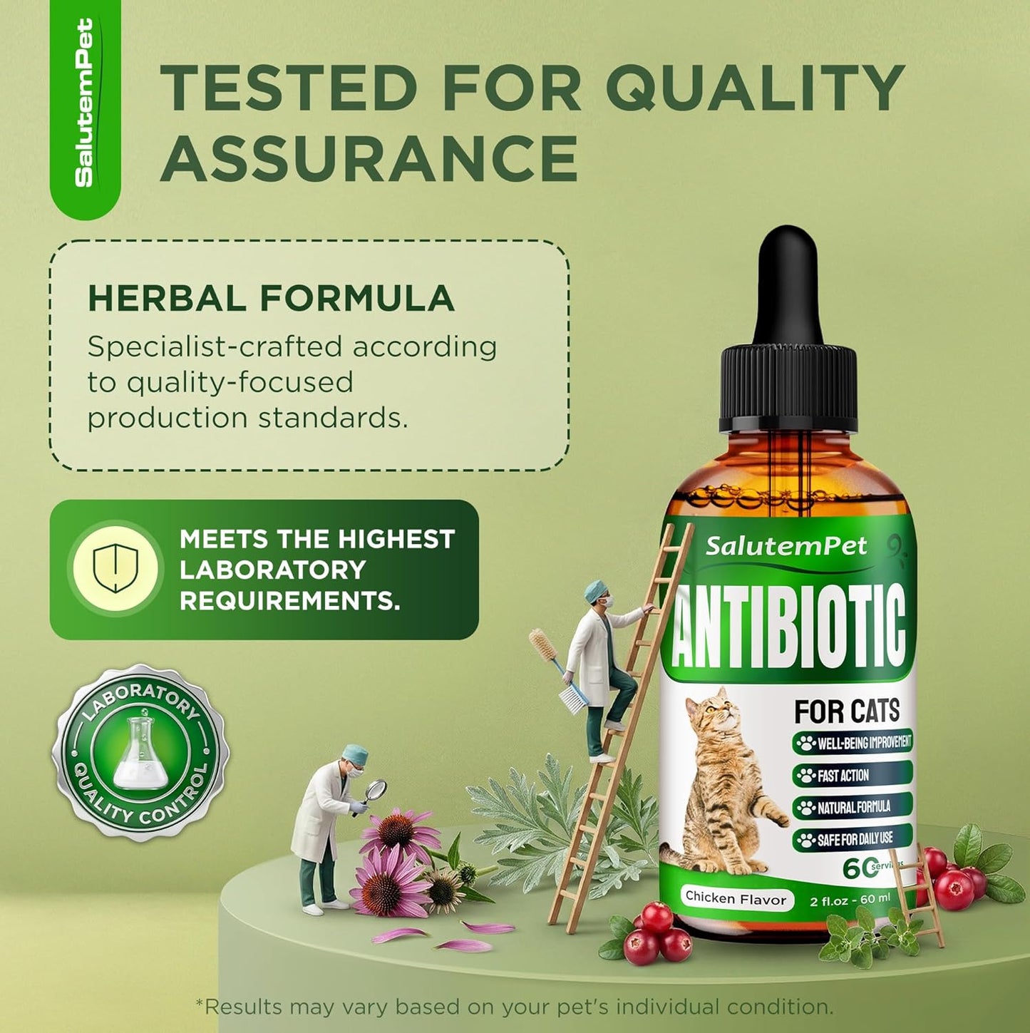 Natural alternative cat antibiotic liquid being added to feline food bowl