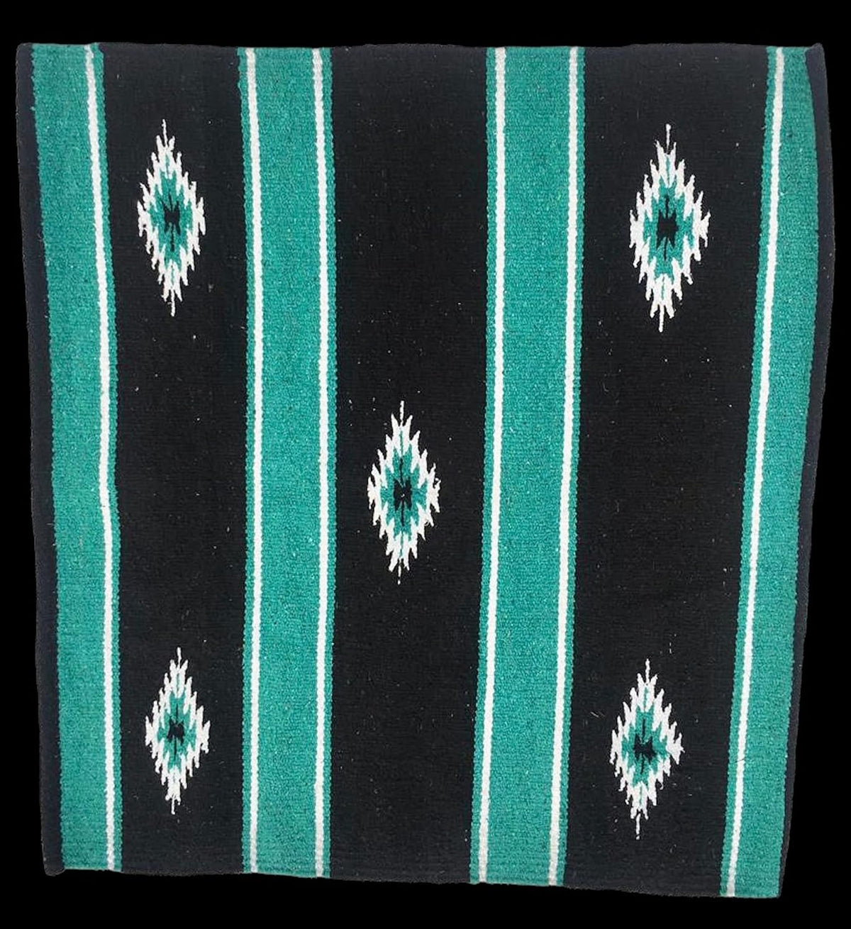 Imported USA authentic Majestic Ally horse saddle blanket used as decorative Southwestern rug.