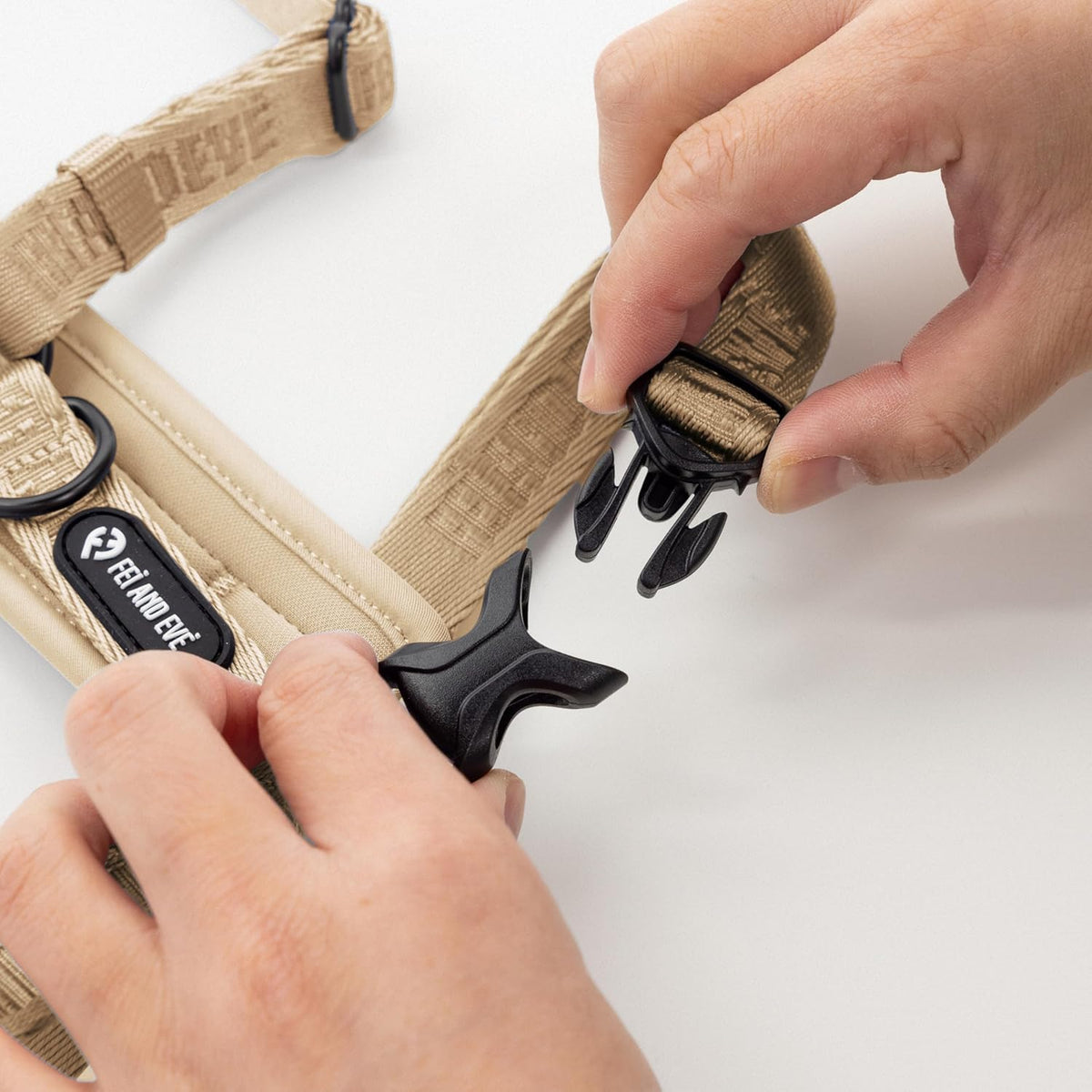 Close up of Fei and Eve dog harness front leash clip