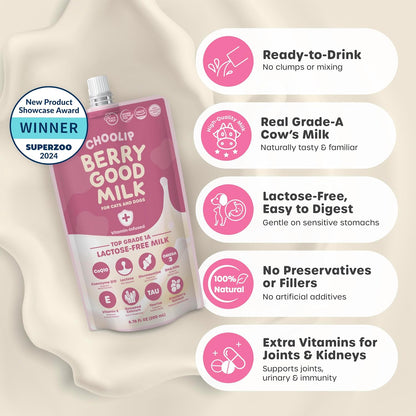 Lactose free pet milk pouch by Choolip featuring cranberry and glucosamine benefits