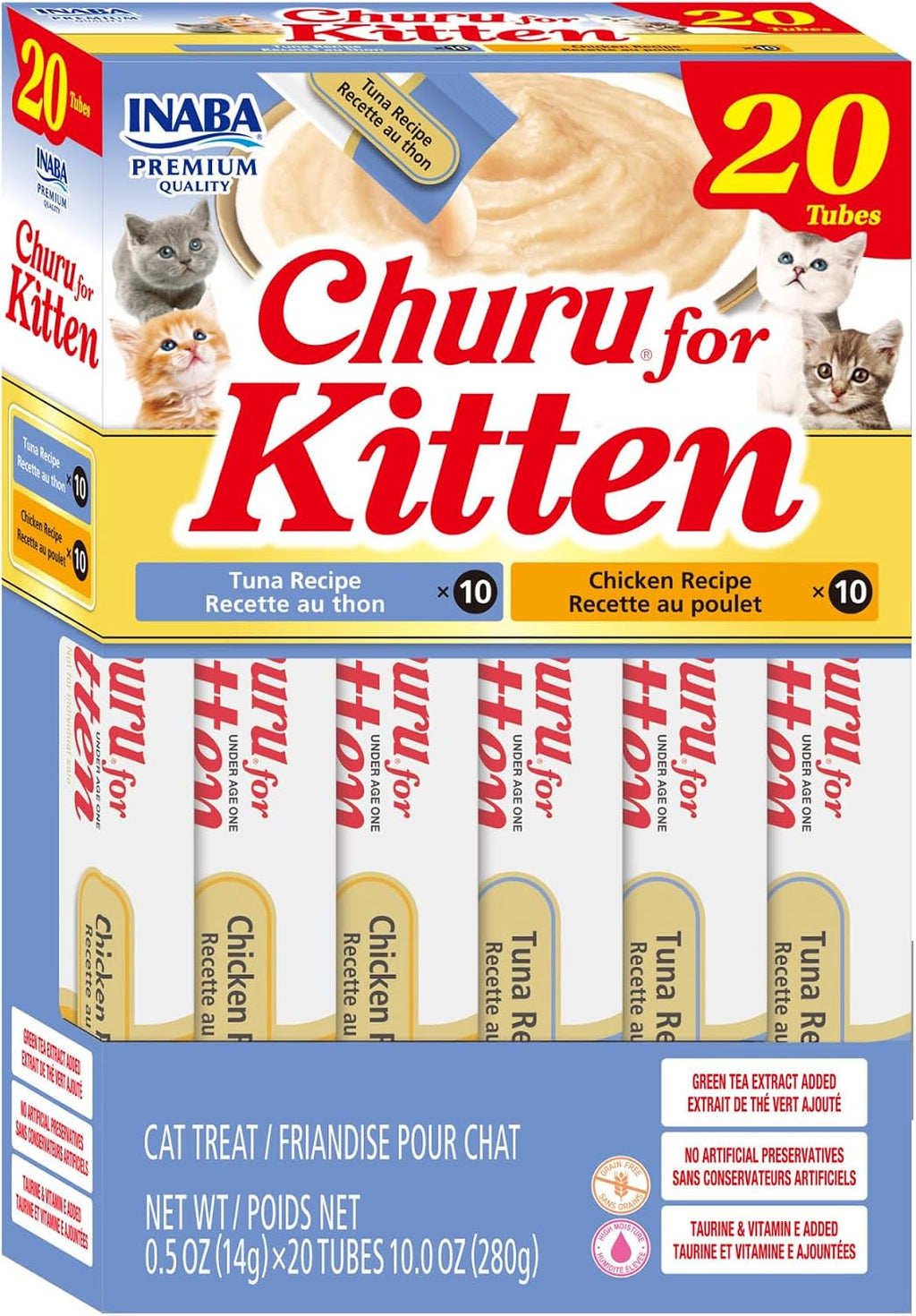 Healthy kitten interaction with Inaba Churu chicken treat
