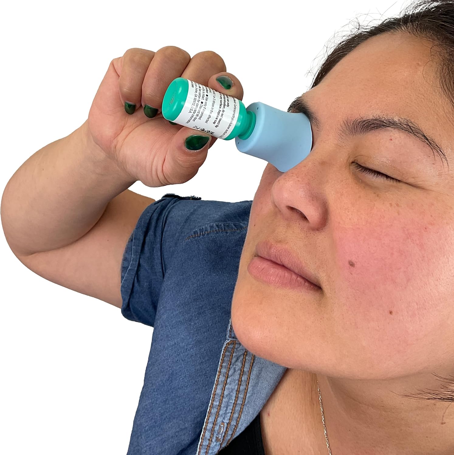 e-Pill TimeCap Eye Drop Reminder and Guide front view showing the blue electronic cap and flexible guide cup
