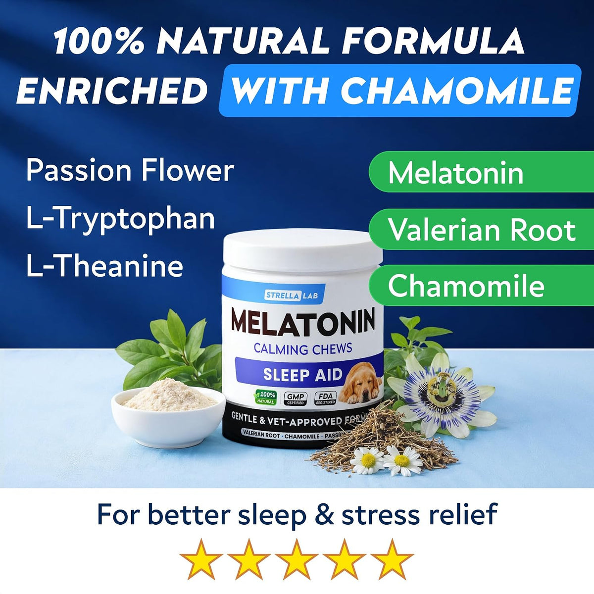 Side view of StrellaLab dog sleep aid supplement bottle