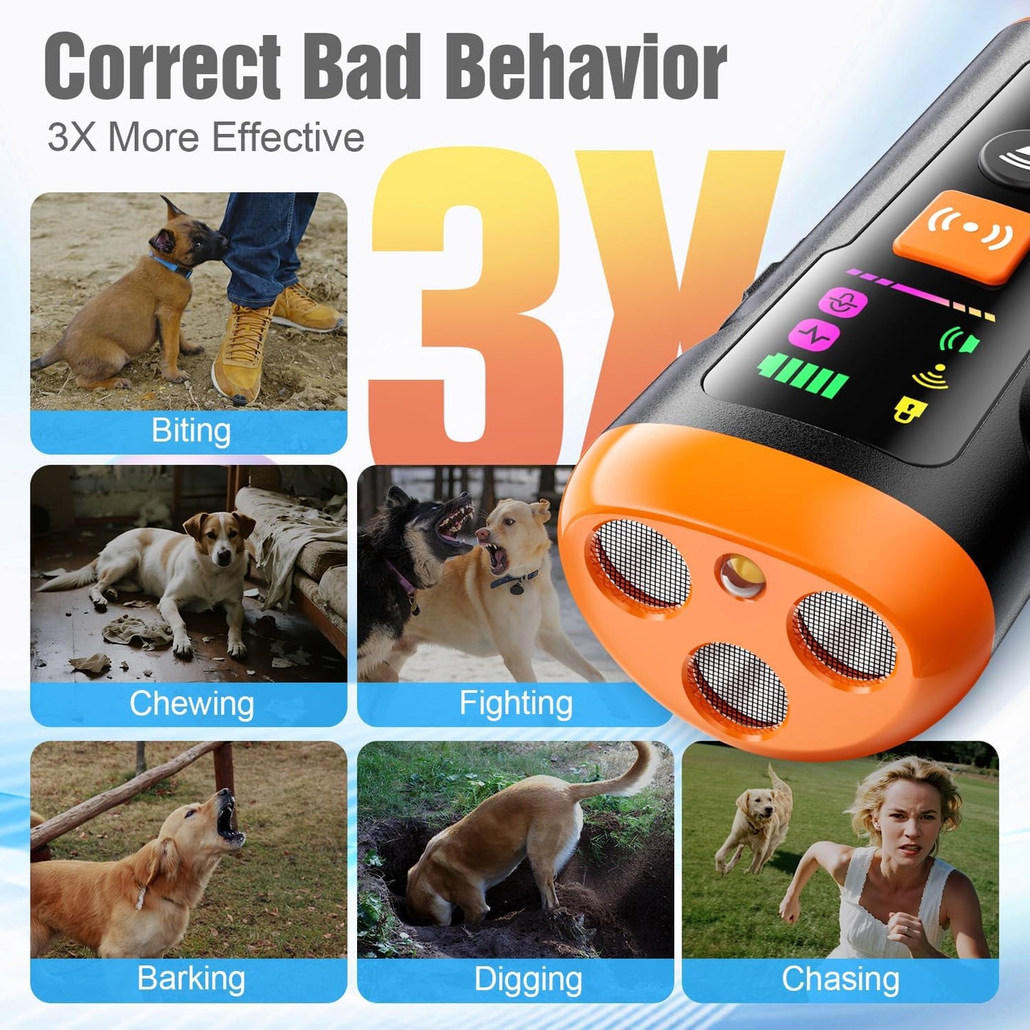 Handheld ultrasonic bark stopper with LED flashlight feature