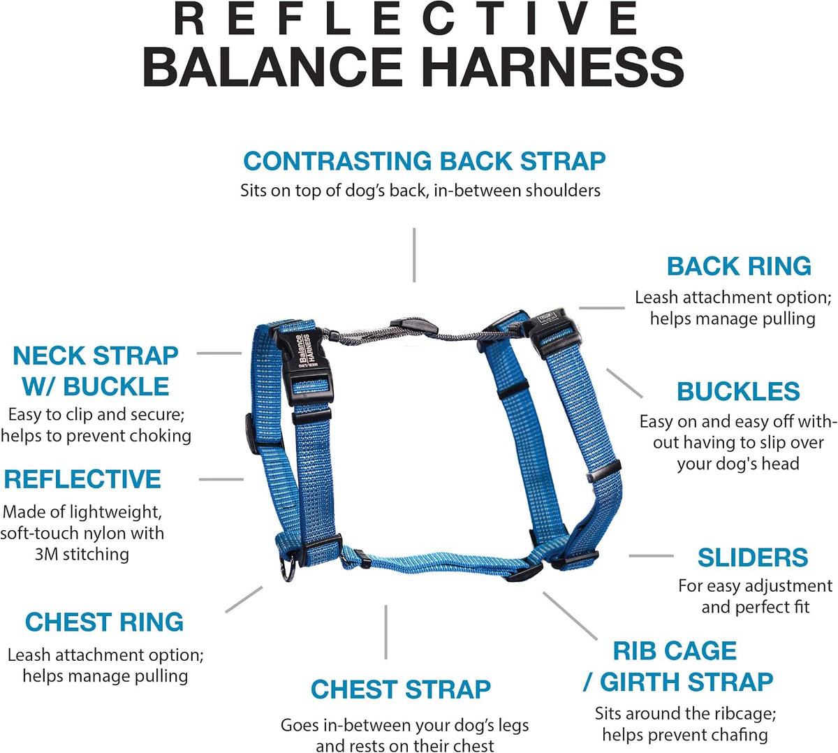 Blue-9 dog harness showing 6-point adjustment system