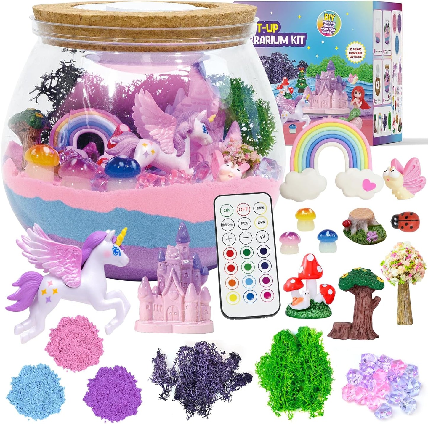 Lonfypeng unicorn light up terrarium kit front packaging view featuring assembled glowing night light jar