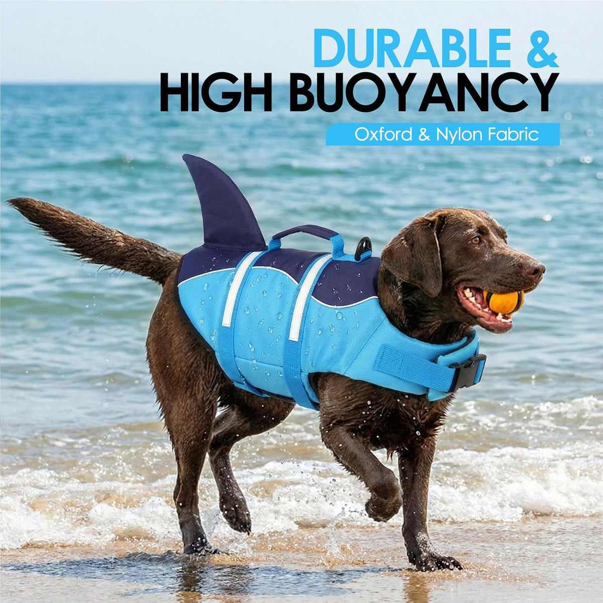 AOFITEE shark dog life vest side view highlighting the blue shark fin design.