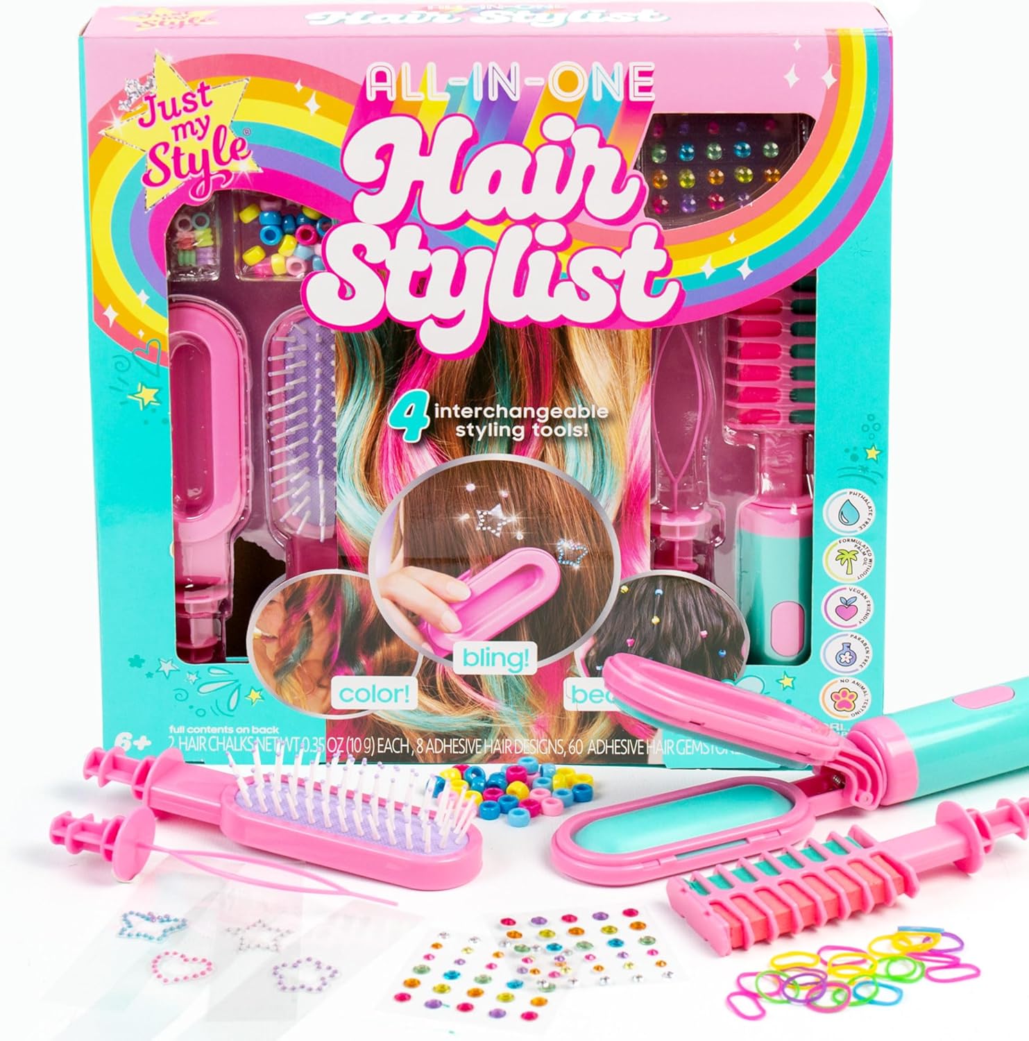 Just My Style All in One Hair Stylist front view packaging showing the 4 in 1 styling tool kit for girls