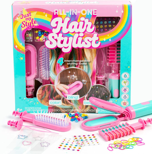 Just My Style All in One Hair Stylist front view packaging showing the 4 in 1 styling tool kit for girls