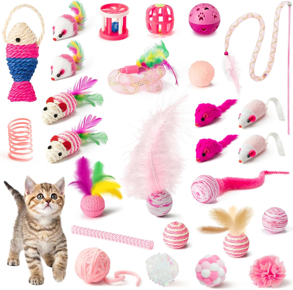 Mallmall6 cat interactive toys set front view featuring twenty seven pink theme kitten pieces