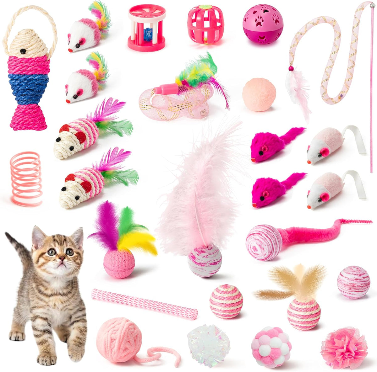 Mallmall6 cat interactive toys set front view featuring twenty seven pink theme kitten pieces