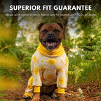 Rear view of Spark Paws dog pajamas showing potty break V-cut
