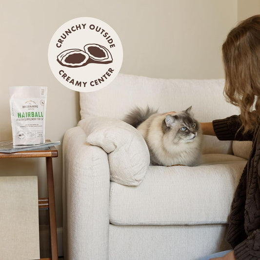 Rocco and Roxie chicken flavored hairball remedy treats with crunchy shell and creamy center.