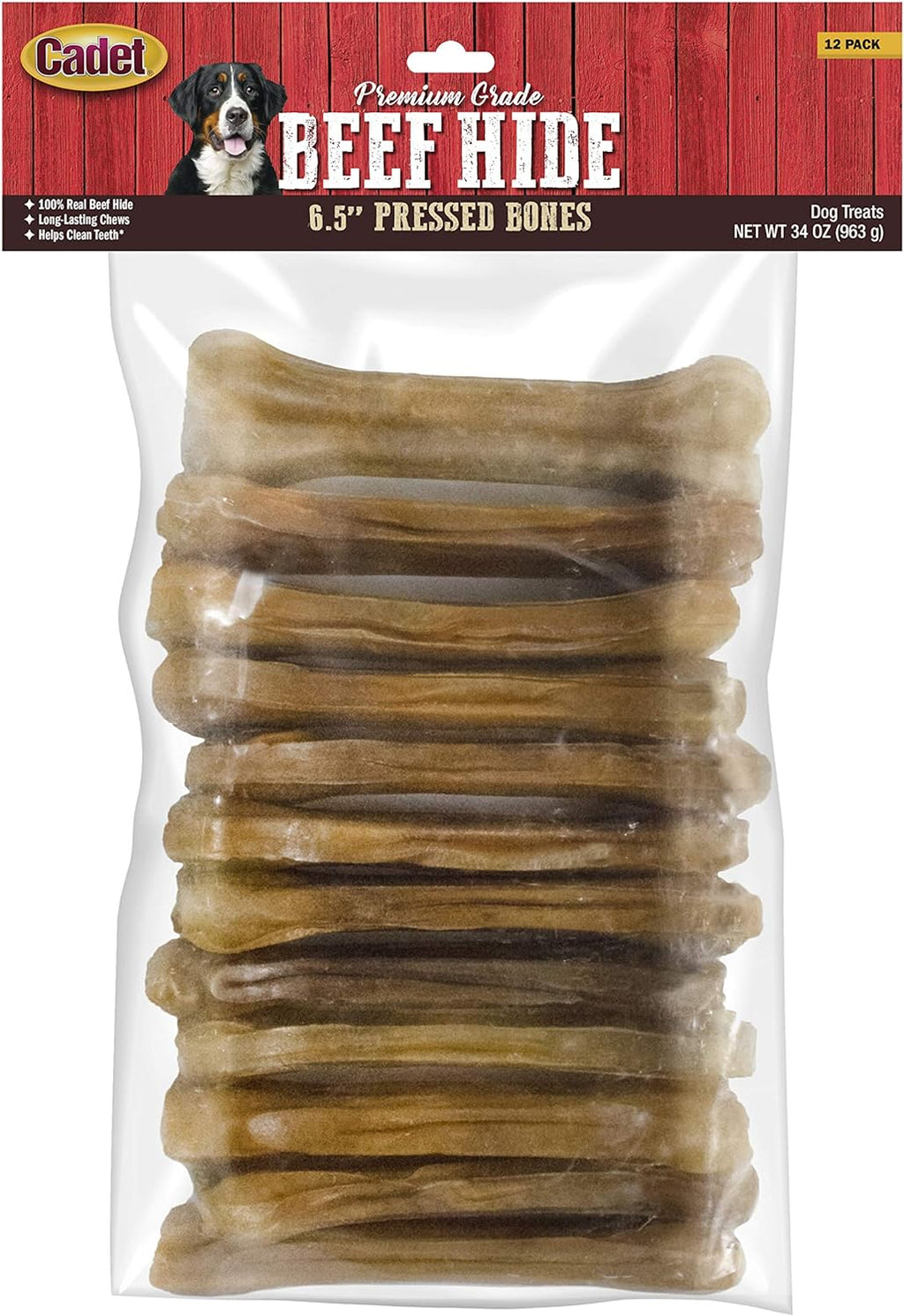 Cadet premium grade pressed beef hide bones front view long lasting dog chews