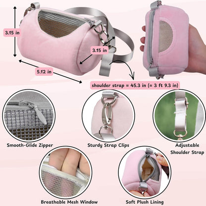 Dwarf Hamster Carrier Backpack Travel Bag, Dwarf Hamster Carry Pouch With Liner And Adjustable Lightweight Tether, Breathable Soft Outgoing Sleeping Travel Bag For Small Pets Squirrels Reptiles (Pink) - Image 5