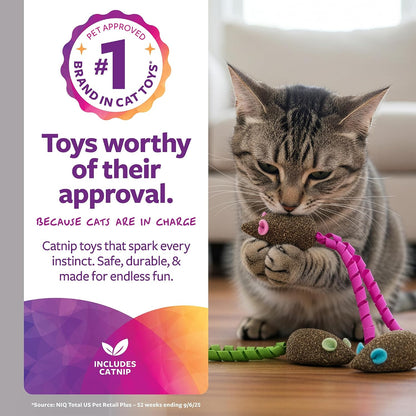 Three SmartyKat mouse toys with ribbon tails on white background