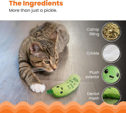 Top view of green pickle shaped catnip cat toy