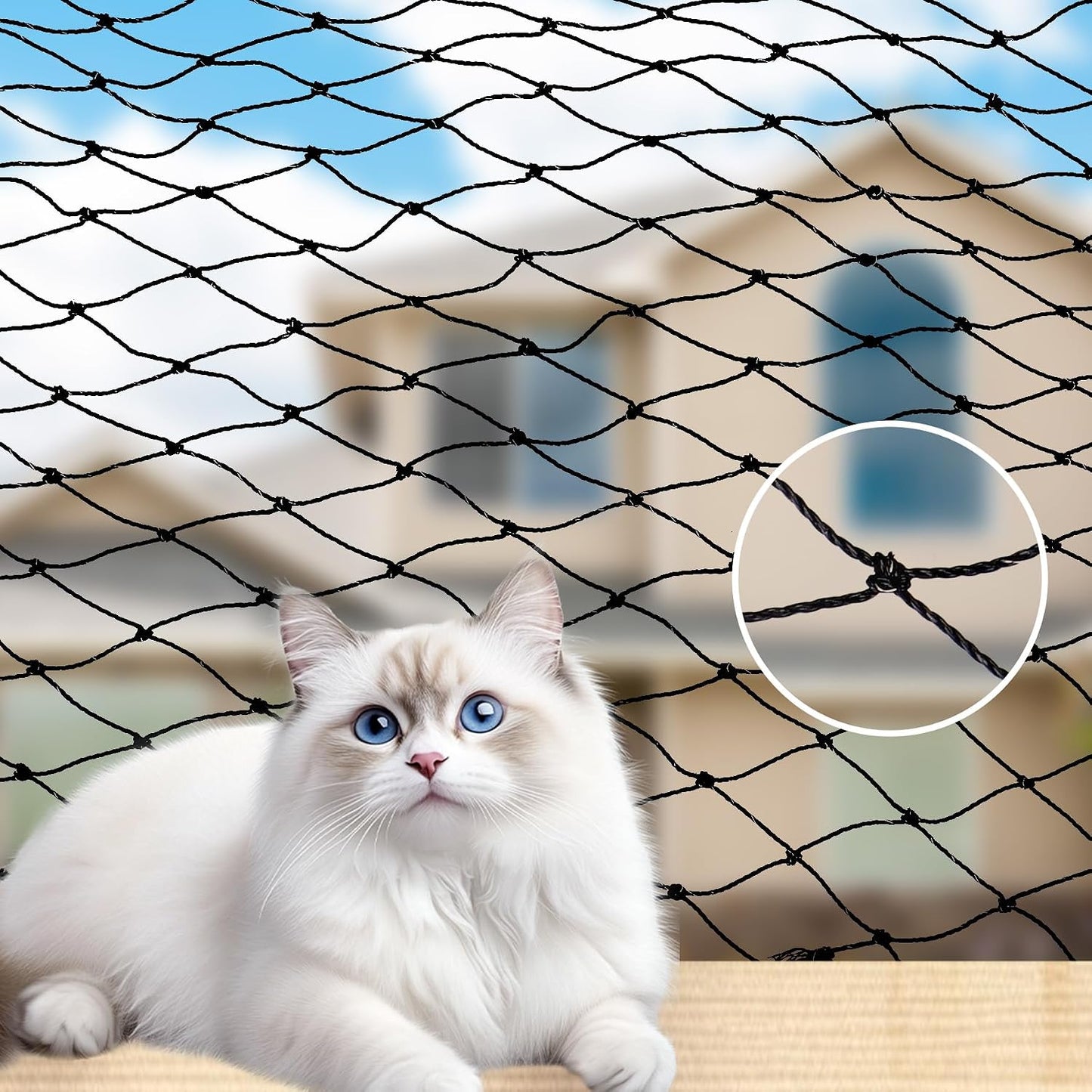Klmnop Cat Netting Balcony front view of the black steel reinforced mesh safety screen kit.