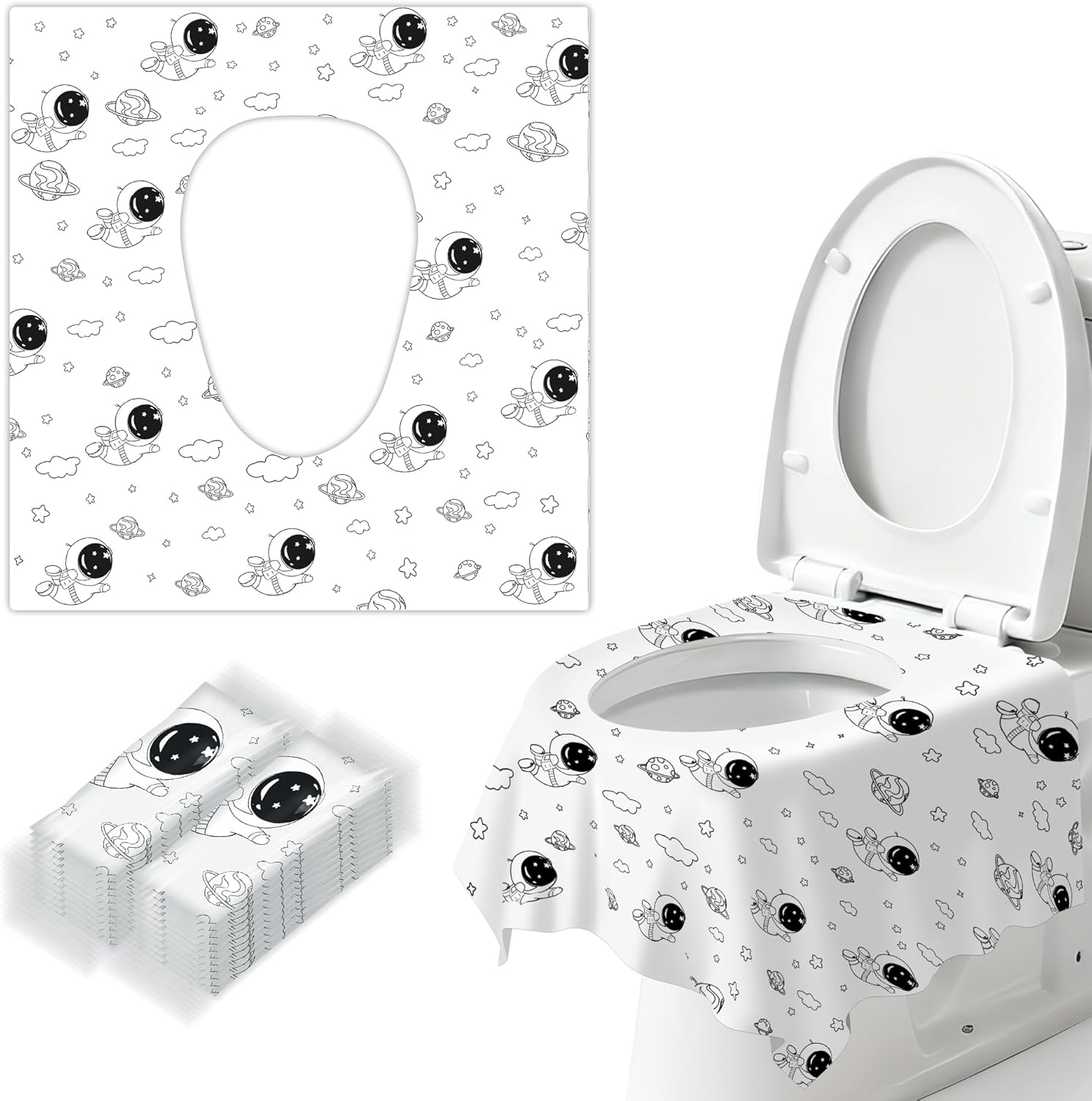 BakeToilet disposable toilet seat covers space theme package front view showing individual wrapping.