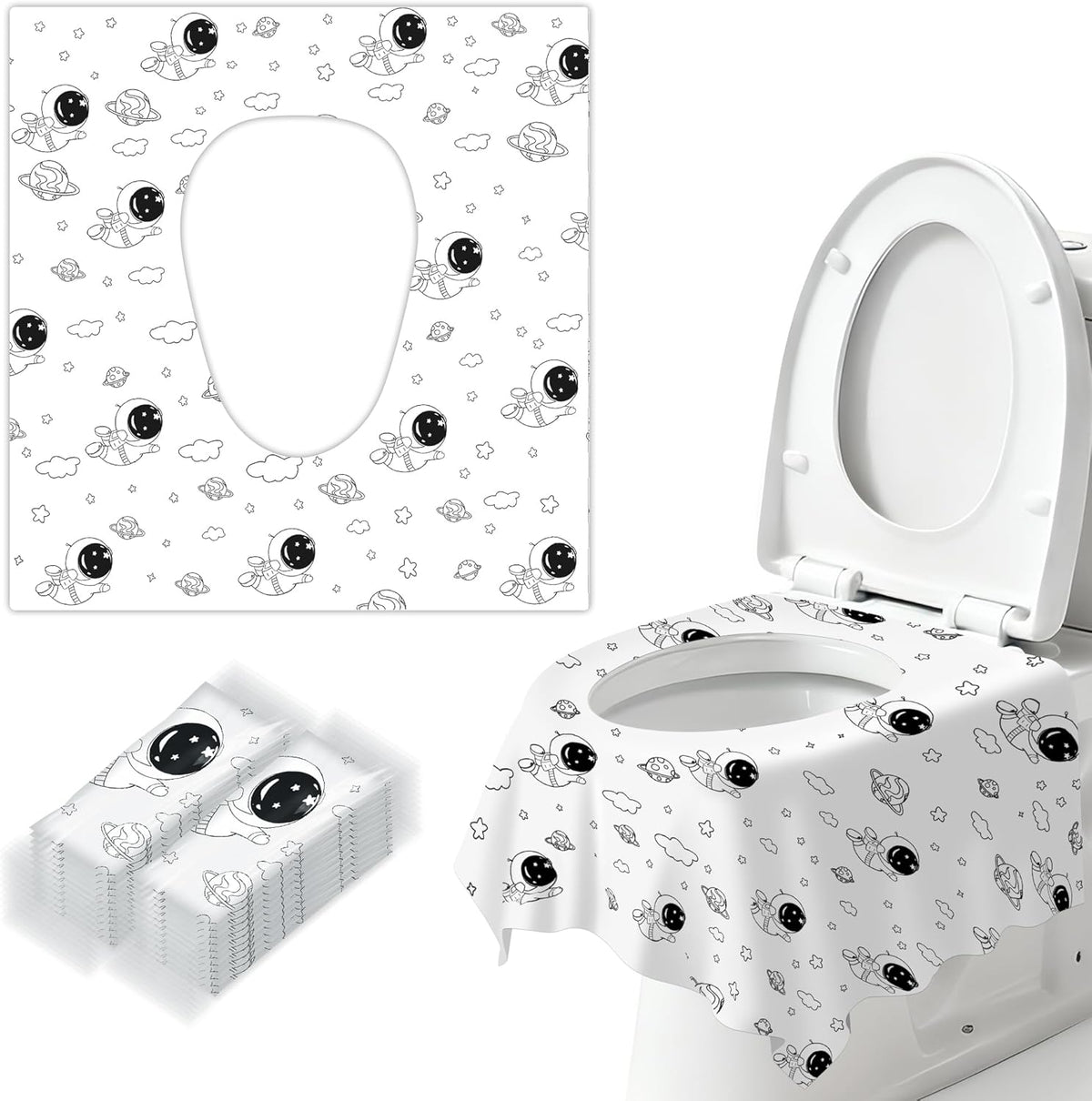 BakeToilet disposable toilet seat covers space theme package front view showing individual wrapping.