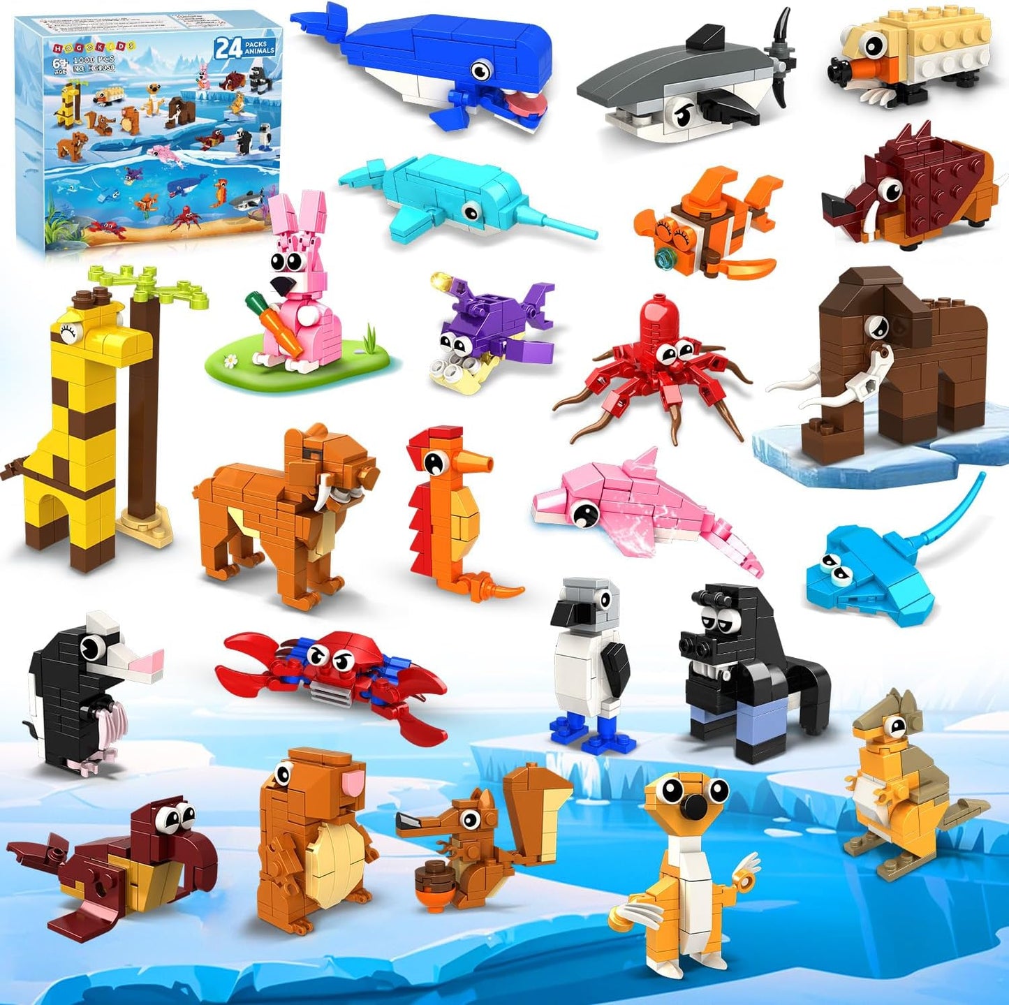 Hogokids 24 Pack Party Favors front view showing multiple individually wrapped animal building block kits