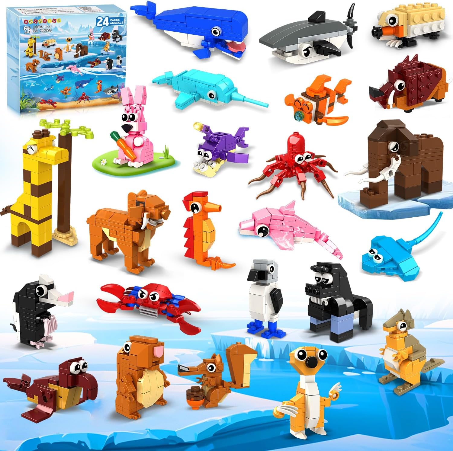 Hogokids 24 Pack Party Favors front view showing multiple individually wrapped animal building block kits
