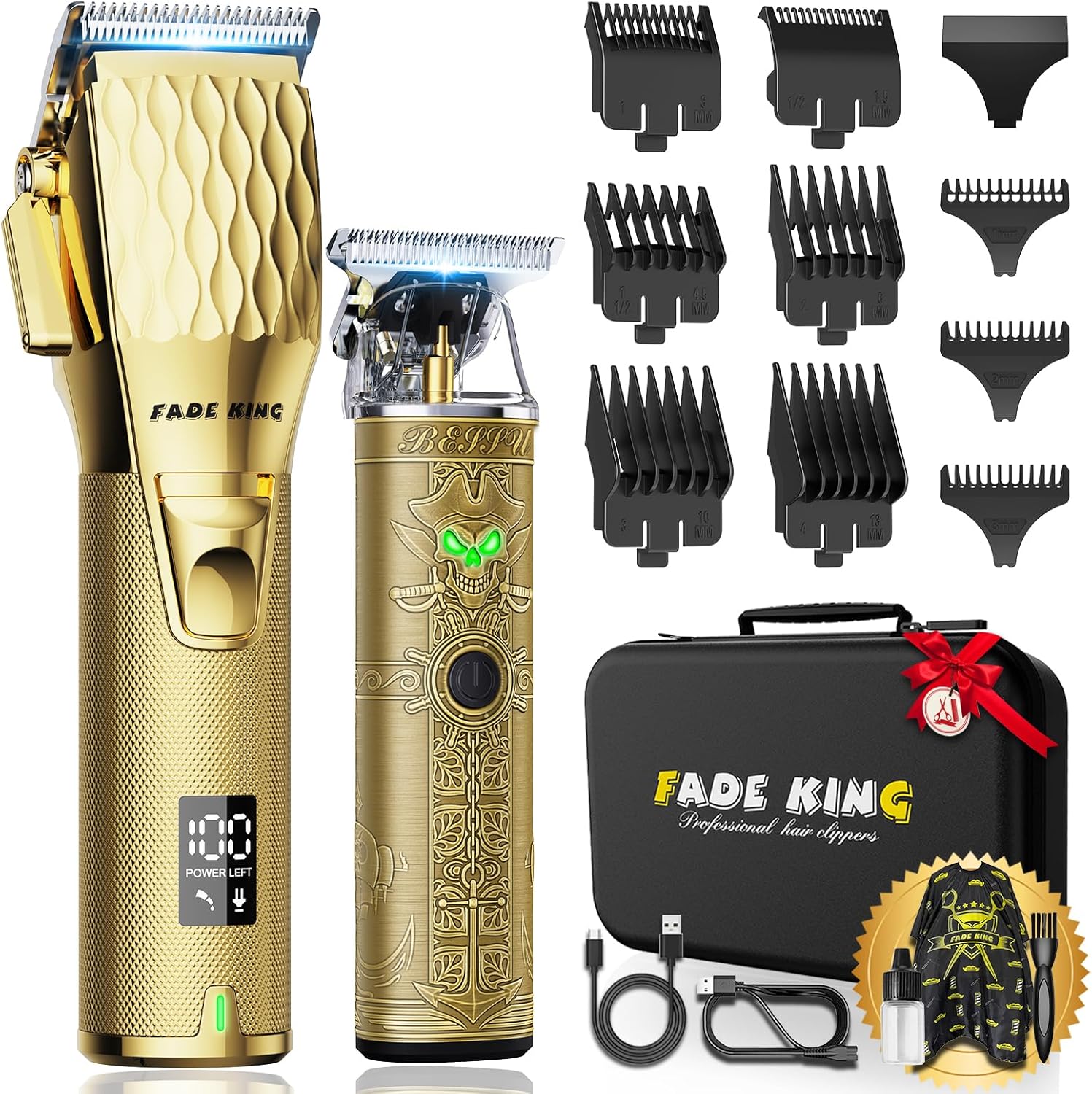 FADEKING professional hair clippers and beard trimmer set front view showing gold and bronze metal finish