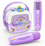 Delighkidz Mini Karaoke Machine for kids in purple front view showing unicorn design.