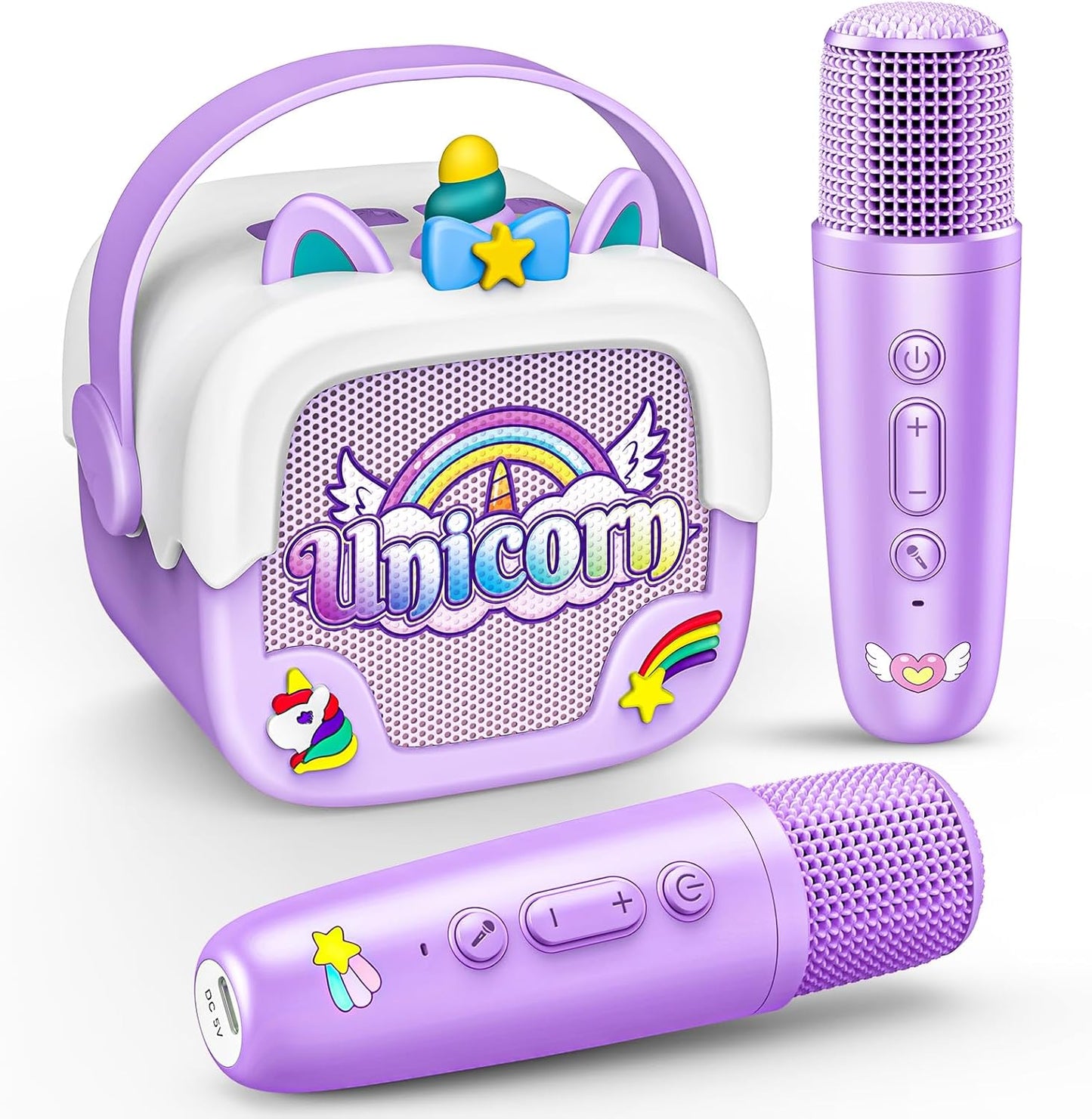 Delighkidz Mini Karaoke Machine for kids in purple front view showing unicorn design.