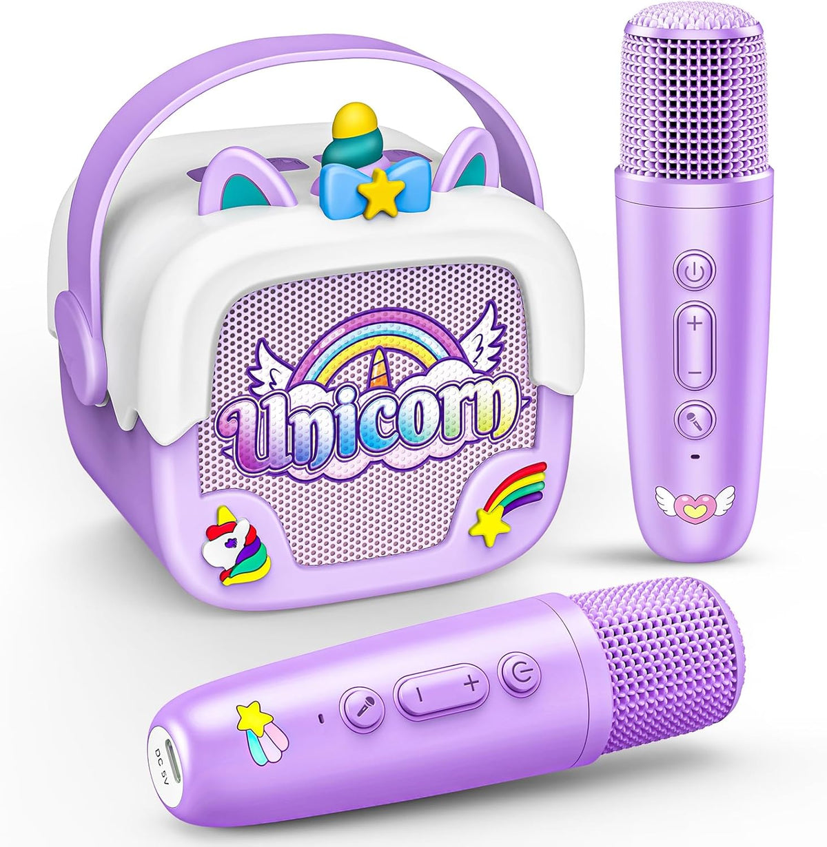 Delighkidz Mini Karaoke Machine for kids in purple front view showing unicorn design.