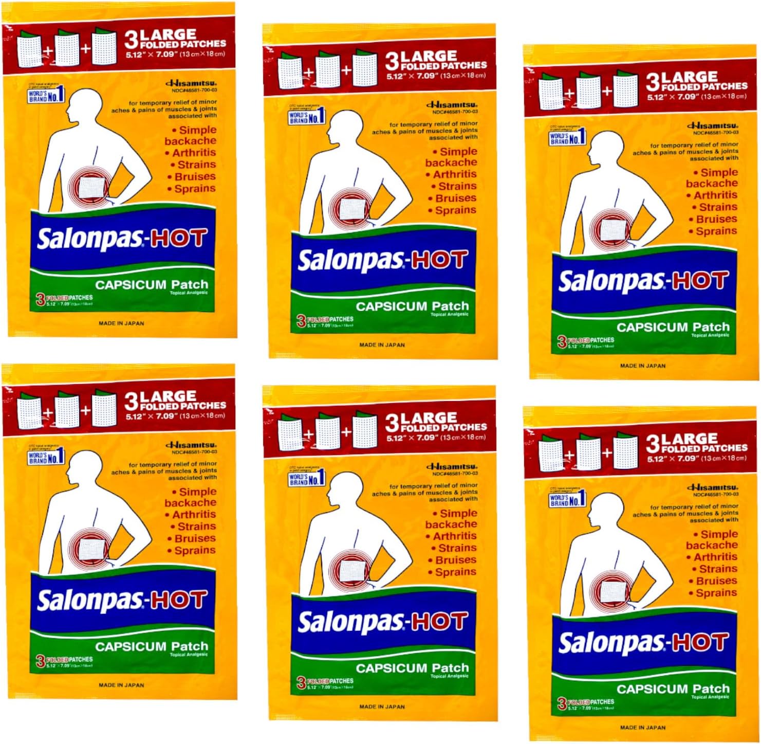 Salonpas Hot Capsicum Patch 3 Count Pack of 6 front view showcasing warming pain relief packaging