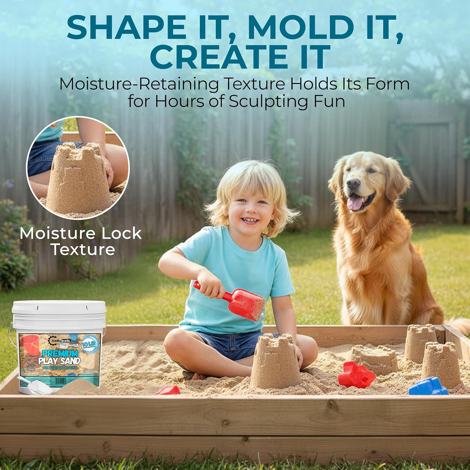 Child building sandcastle with Trade Grade play sand