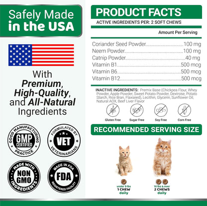 Authentic imported USA pet care flea defense treats container displayed on a clean background.