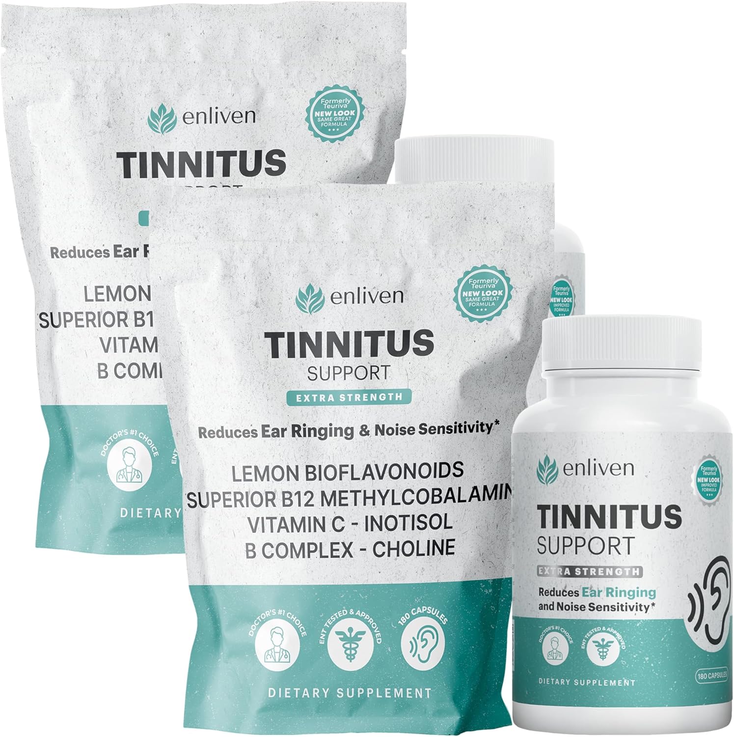 Lipo Flavonoid Enliven Tinnitus Relief Pills front view showing 180 caplets packaging