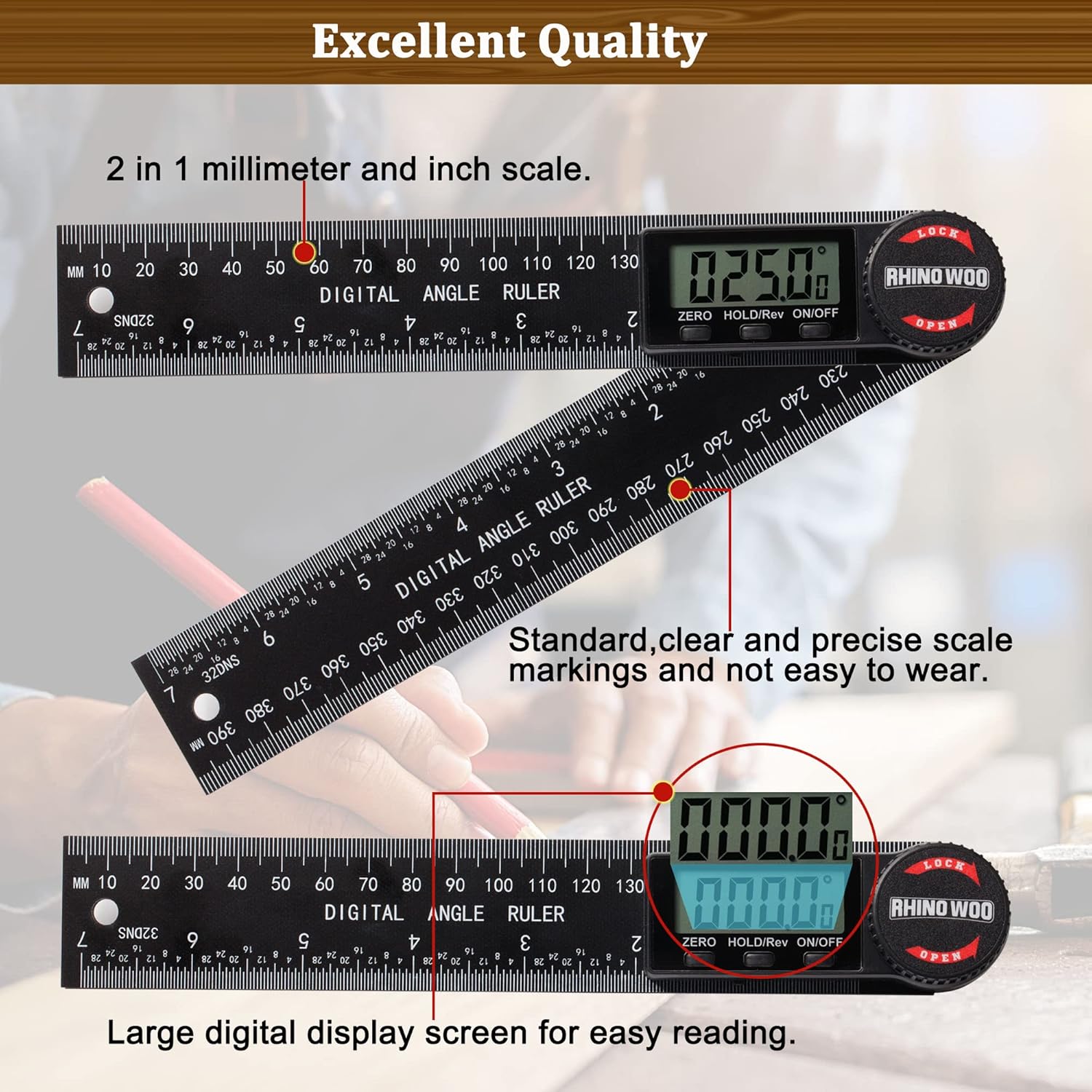 TBVHOMM electronic protractor measuring an internal corner angle on wood planks