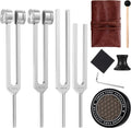 MoResolune healing tuning forks set front view showing four aluminum alloy forks on a wooden display stand.