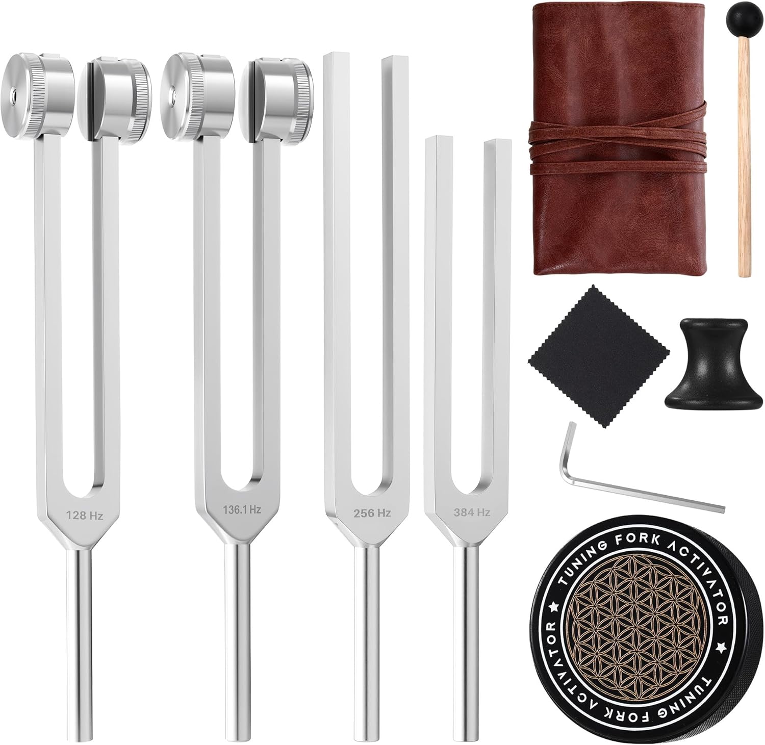 MoResolune healing tuning forks set front view showing four aluminum alloy forks on a wooden display stand.