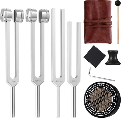 MoResolune healing tuning forks set front view showing four aluminum alloy forks on a wooden display stand.