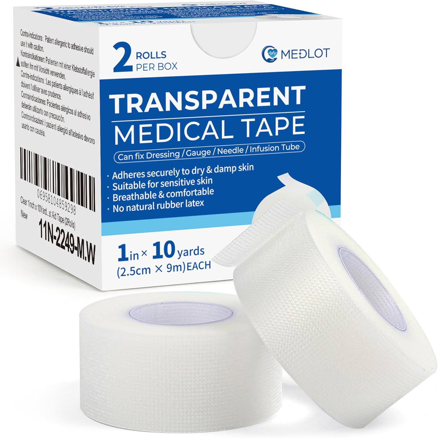 LotFancy transparent medical tape two rolls front view for wound care packaging